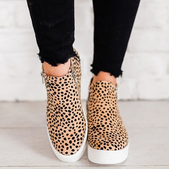 NEW🔥 Leopard Hidden Wedge Heel Sneaker Booties - Picture 2 of 3